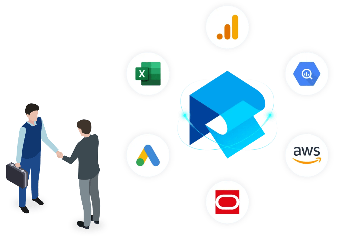 中央にデータ連携を象徴する青いキューブがあり、その周囲にGoogle Analytics、Google Sheets、Google Ads、BigQuery、AWS、Oracleのアイコンが配置されているイラスト。左下にはビジネスマン同士が握手している様子が描かれている。